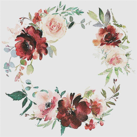 Burgundy And Rose Wreath - X Squared Cross Stitch