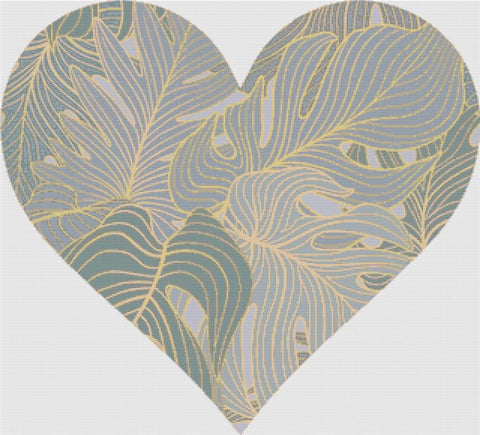 Grey Tropical Leaf Heart - X Squared Cross Stitch