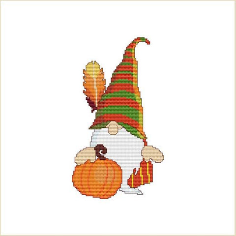 Thanksgiving Gnome With Feather And Pumpkin - Cross Stitch Wonders