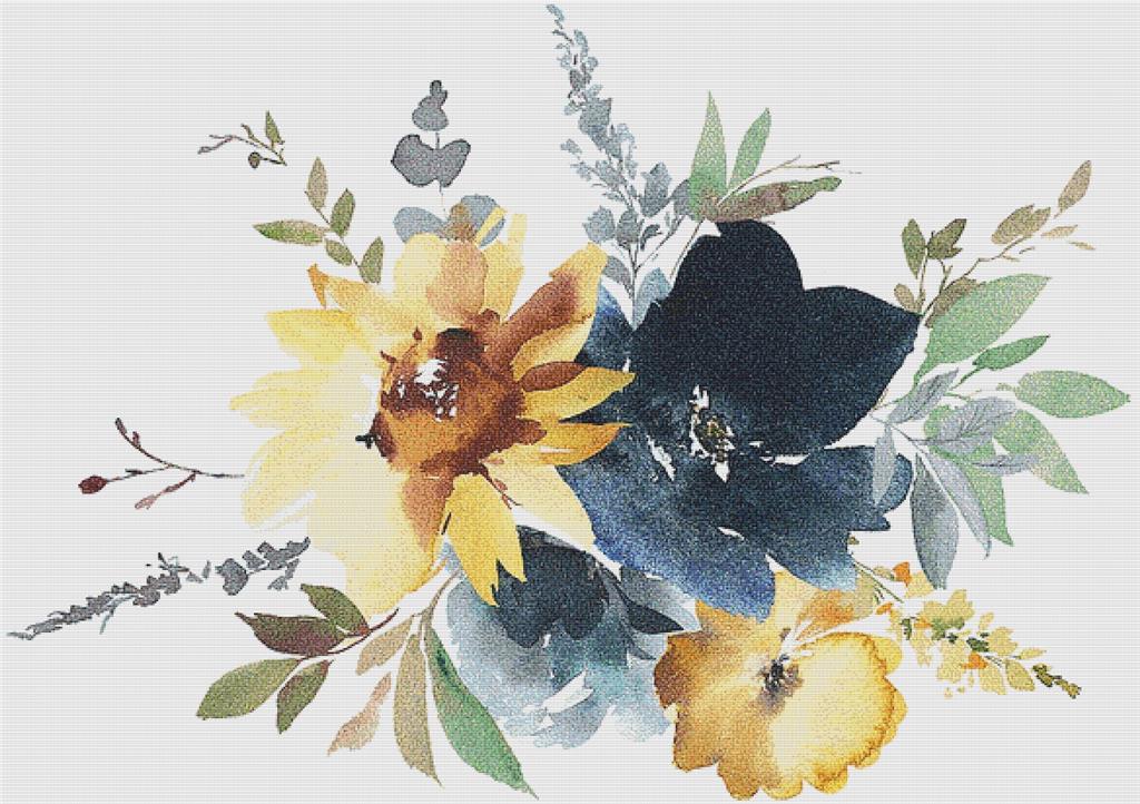 Navy Peony And Sunflower Arrangement - X Squared Cross Stitch