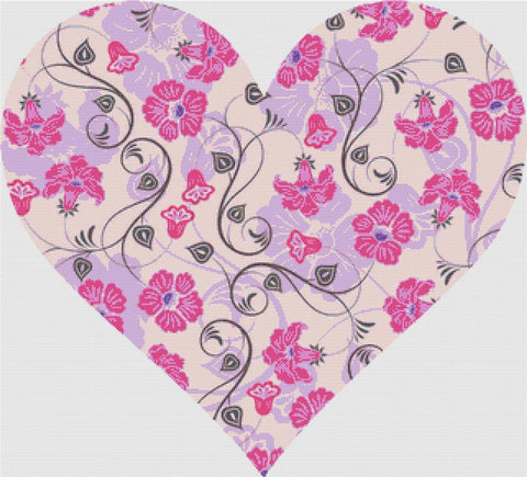 Purple And Pink Floral Heart - X Squared Cross Stitch