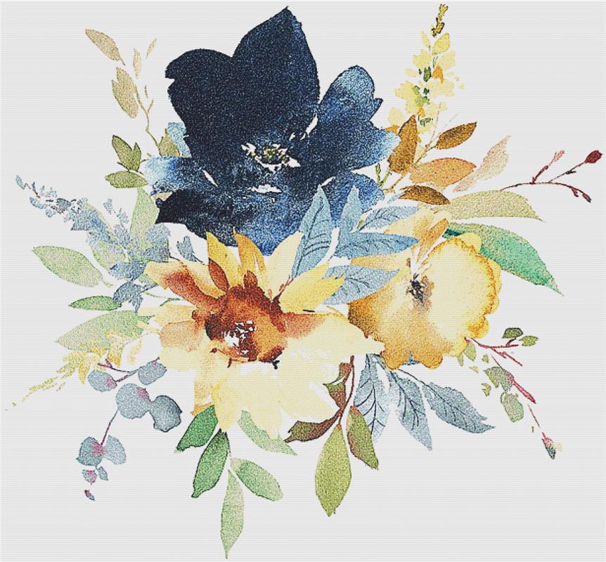 Navy Peony And Sunflower Arrangement I - X Squared Cross Stitch