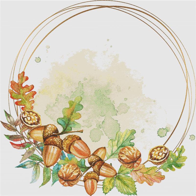 Gold Frame With Walnuts And Acorns - X Squared Cross Stitch