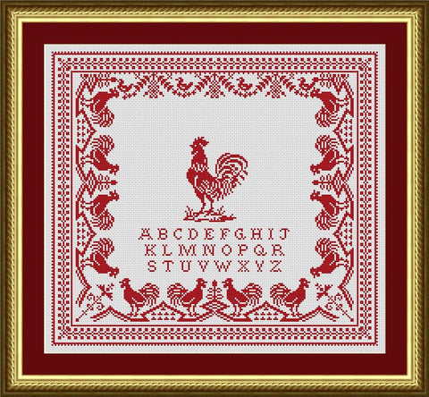 Antique Red Rooster Sampler - Happiness Is  HeartMade