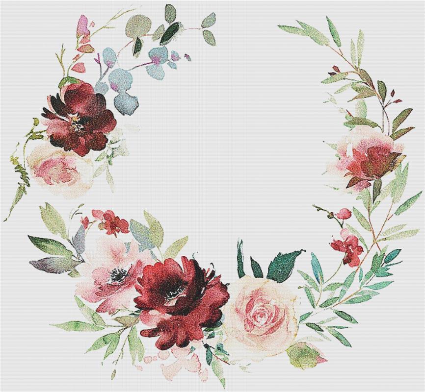 Burgundy And Rose Wreath II - X Squared Cross Stitch