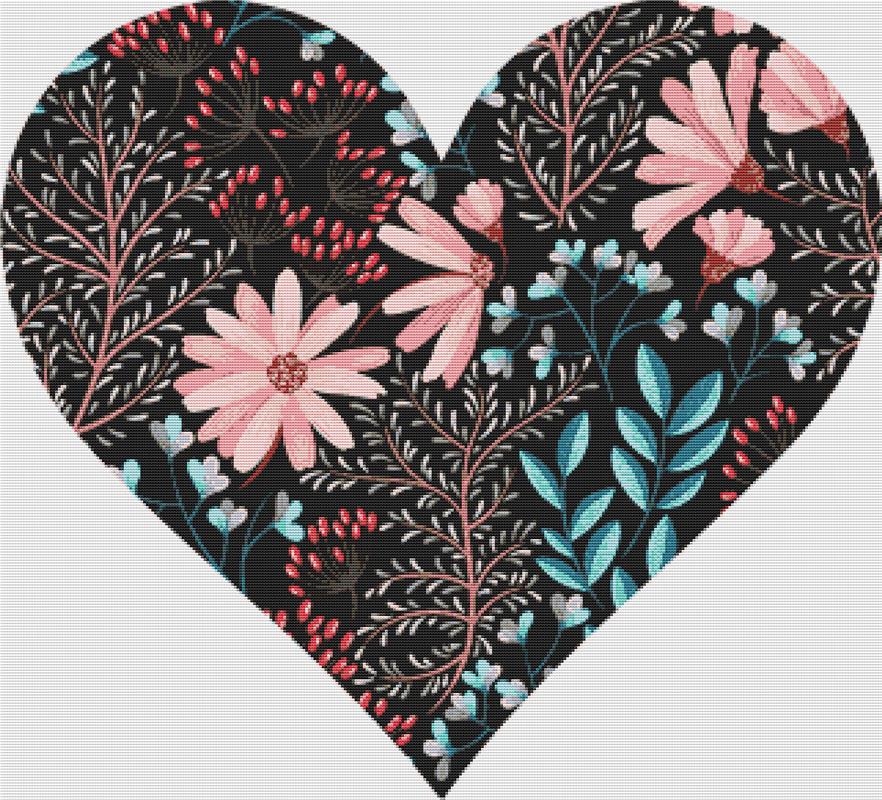 Spring Pink And Black Floral Heart - X Squared Cross Stitch