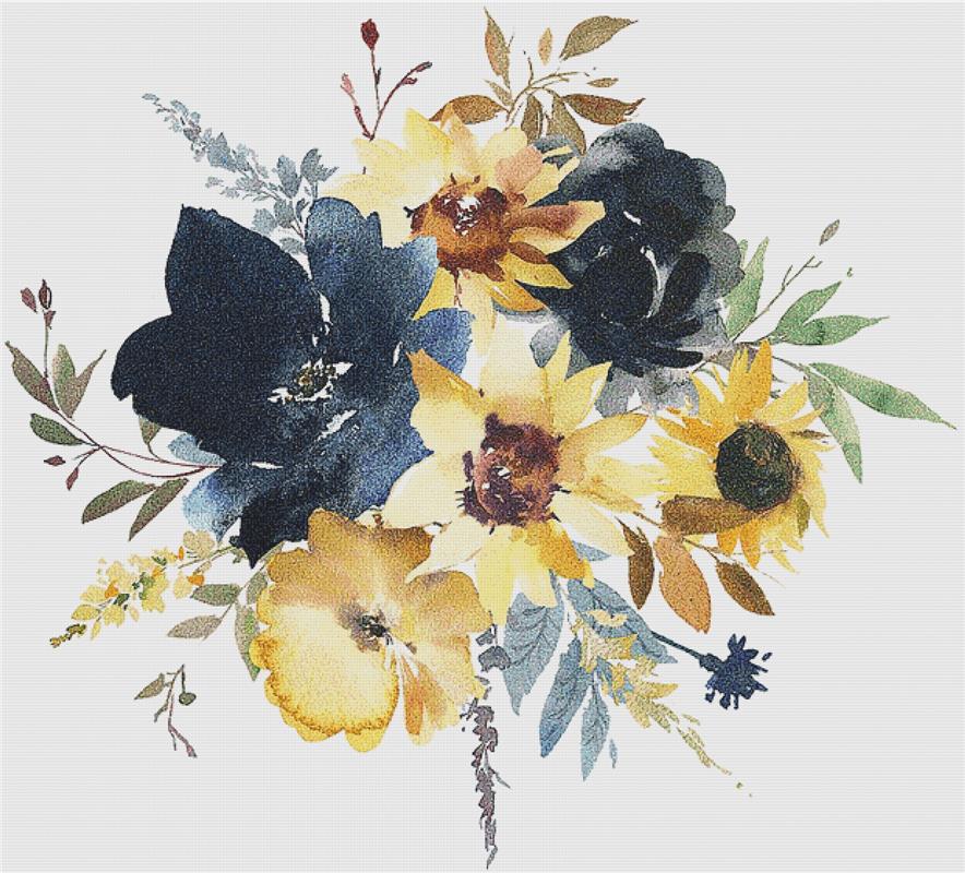 Navy Peony And Sunflower Arrangement II - X Squared Cross Stitch