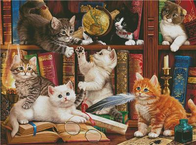 Kittens In The Library (Large) - Artecy Cross Stitch