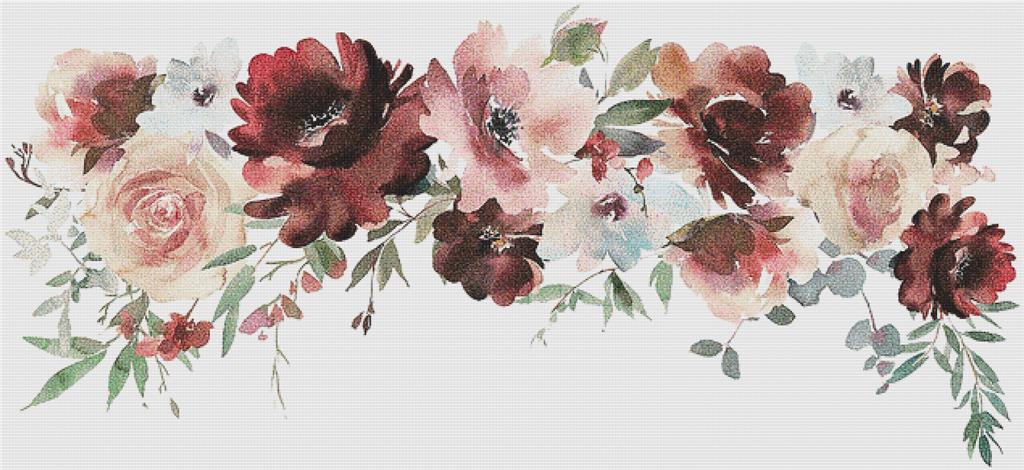 Burgundy And Rose Floral Banner - X Squared Cross Stitch