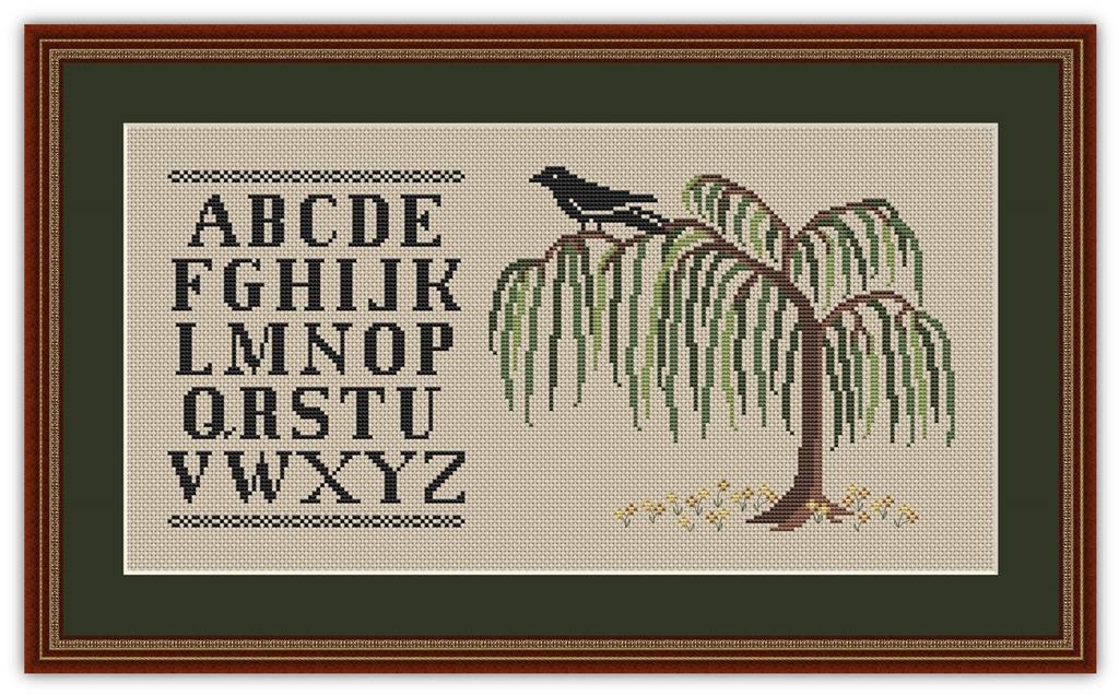 Crow On A Willow Tree Alphabet Sampler - Happiness Is  HeartMade