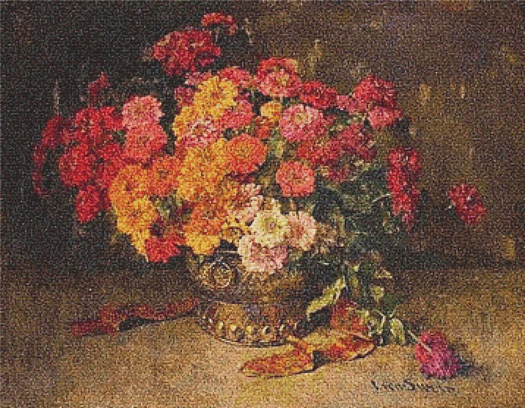 Colourful Zinnias In A Copper Pot - X Squared Cross Stitch