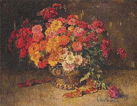 Colourful Zinnias In A Copper Pot - X Squared Cross Stitch