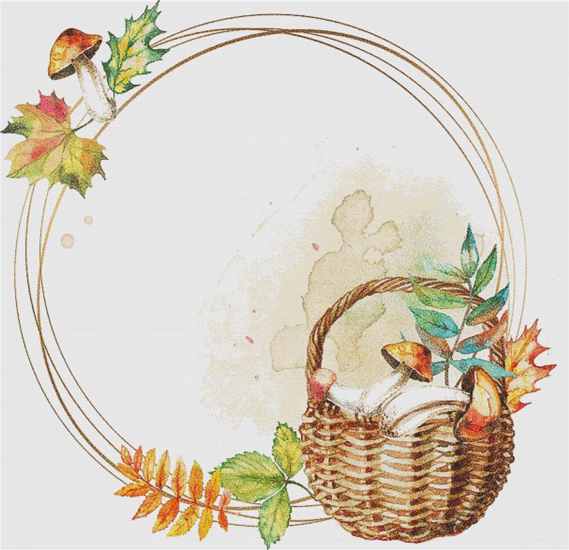 Autumn Frame With A Basket Of Mushrooms - X Squared Cross Stitch
