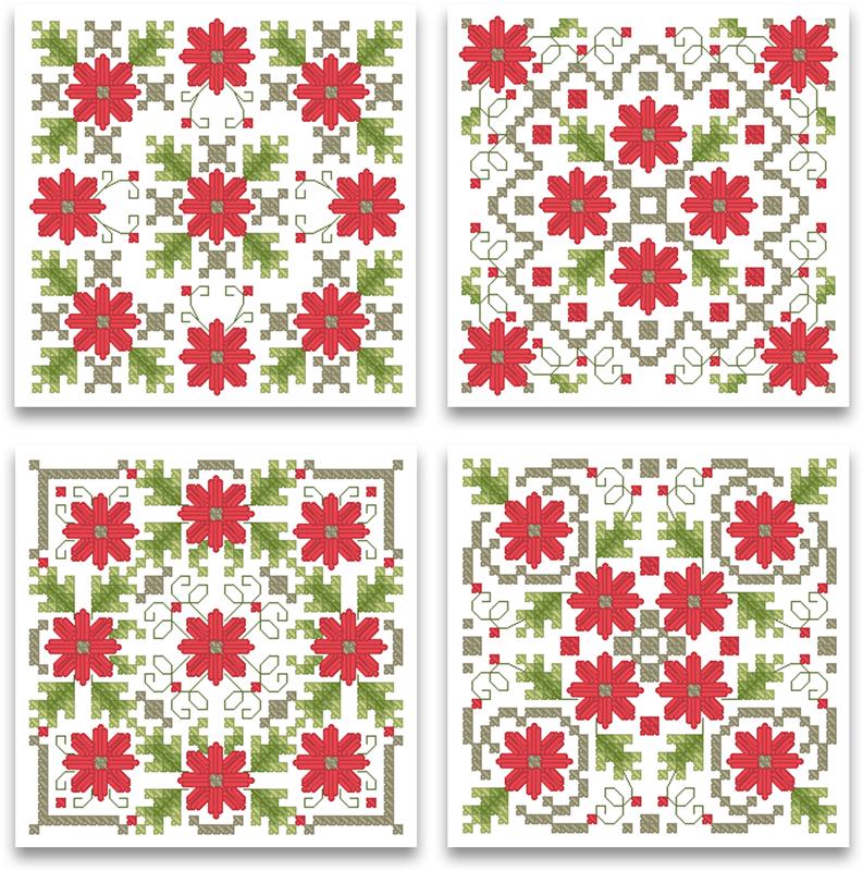 Christmas Poinsettia Biscornu Ornaments - Kitty & Me Designs