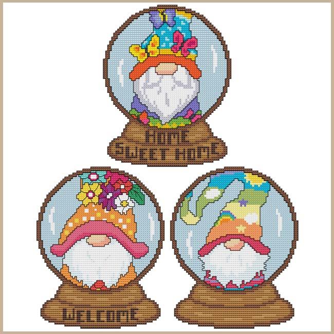 Monthly Gnome Snow Globes: April, May & June - Cross Stitch Wonders