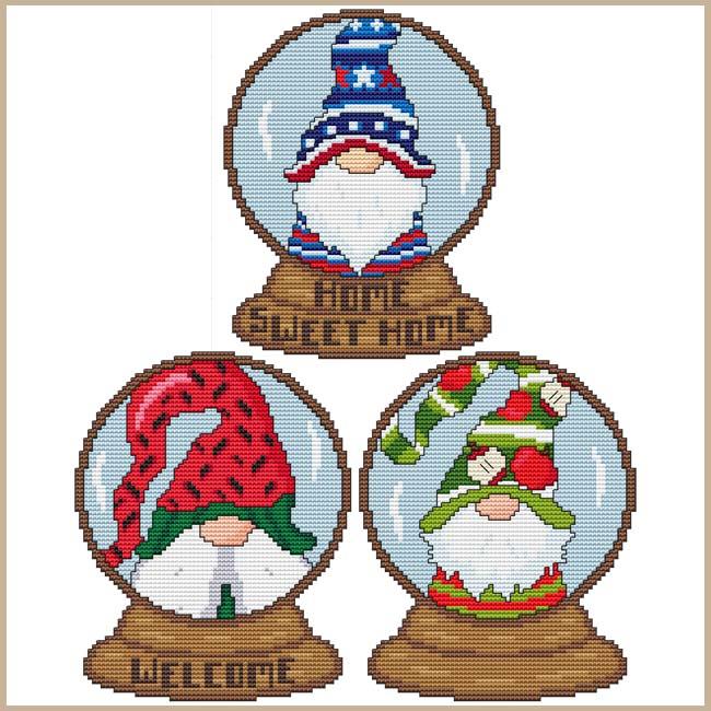 Monthly Gnome Snow Globes: July, August & September - Cross Stitch Wonders