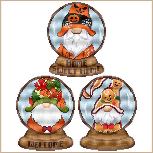 Monthly Gnome Snow Globes: October, November & December - Cross Stitch Wonders
