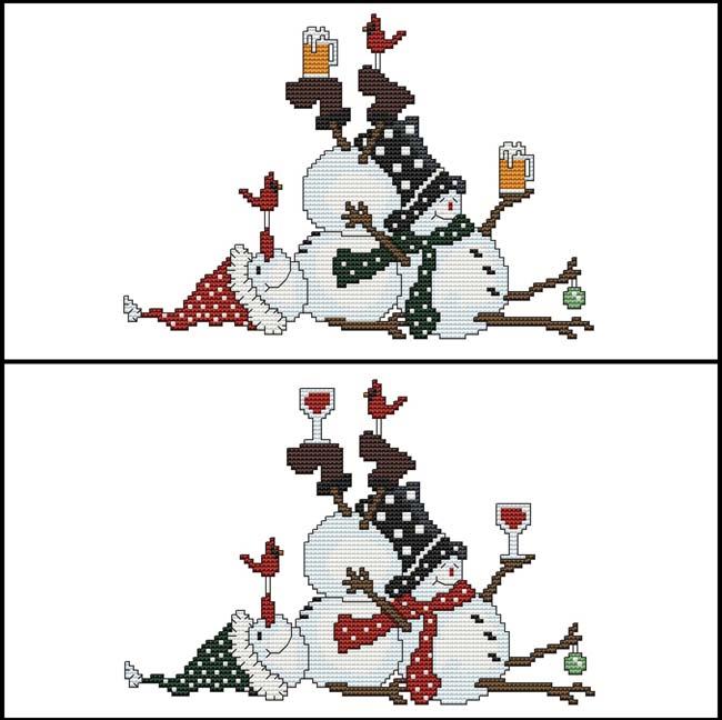Tipsy Snowmen ( Wine And Beer ) - Cross Stitch Wonders