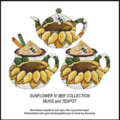 Sunflower N' Bee Collection: Mugs & Teapot - Cross Stitch Wonders