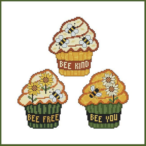 Cupcakes: Sunflower N' Bee Trio - Cross Stitch Wonders