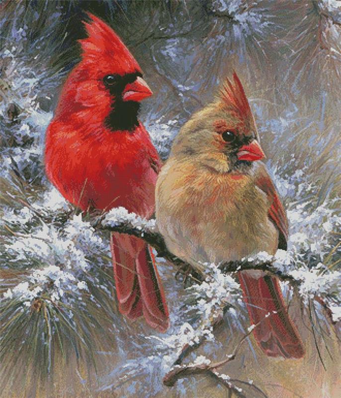 Cardinals In A Christmas Tree (Large Crop) - Artecy Cross Stitch