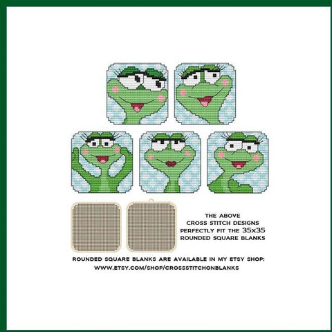 Happy Funny Frogs: Rounded Squares - Cross Stitch Wonders