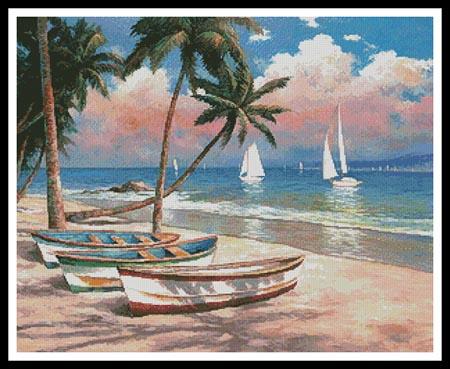 Three Boats On A Tropical Beach - Artecy Cross Stitch