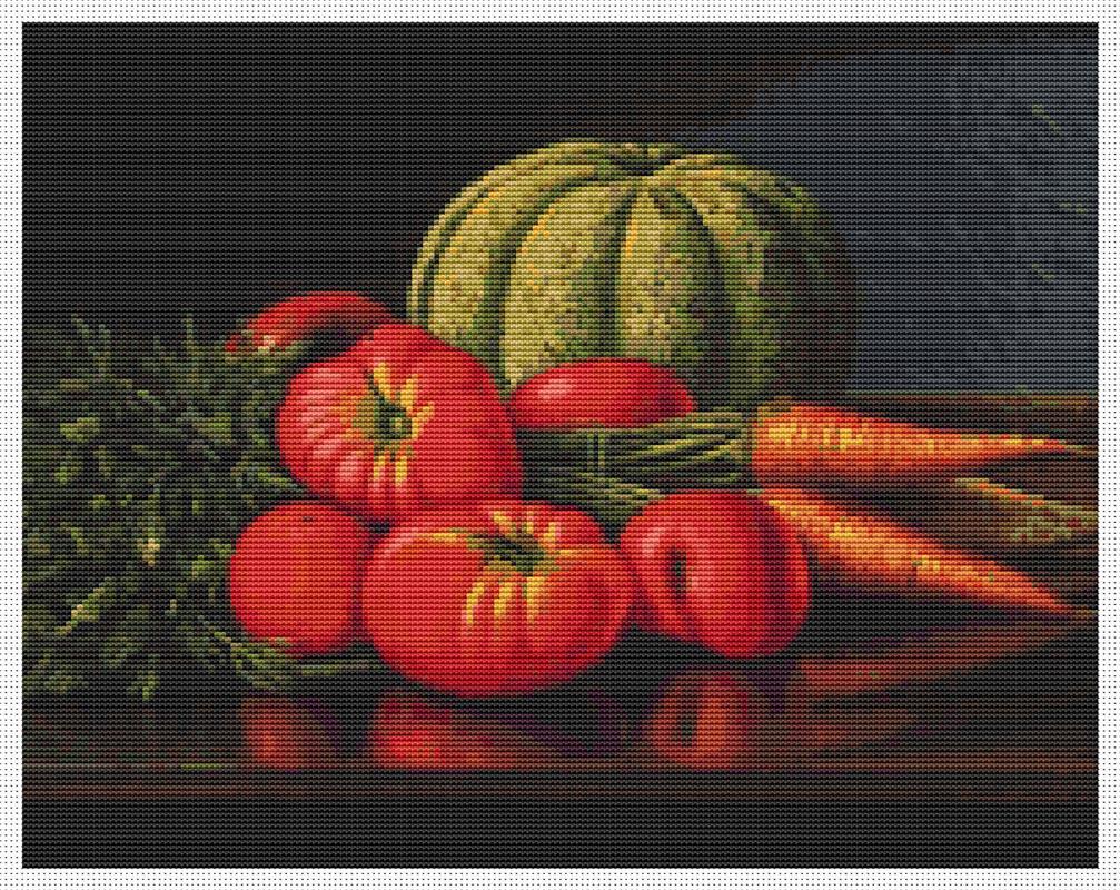 Still Life With Cantaloupe, Tomatoes And Carrots - Art of Stitch, The